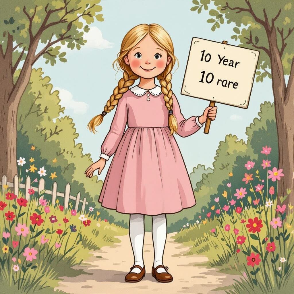 Blonde Girl in Pink Dress, Line Illustration