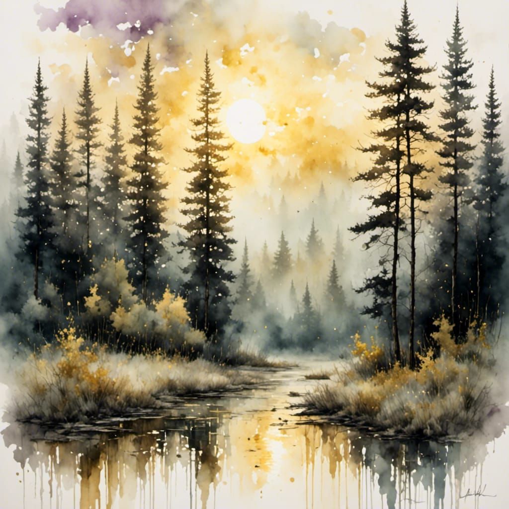 Dawn Over Forest in Antique Watercolor Style