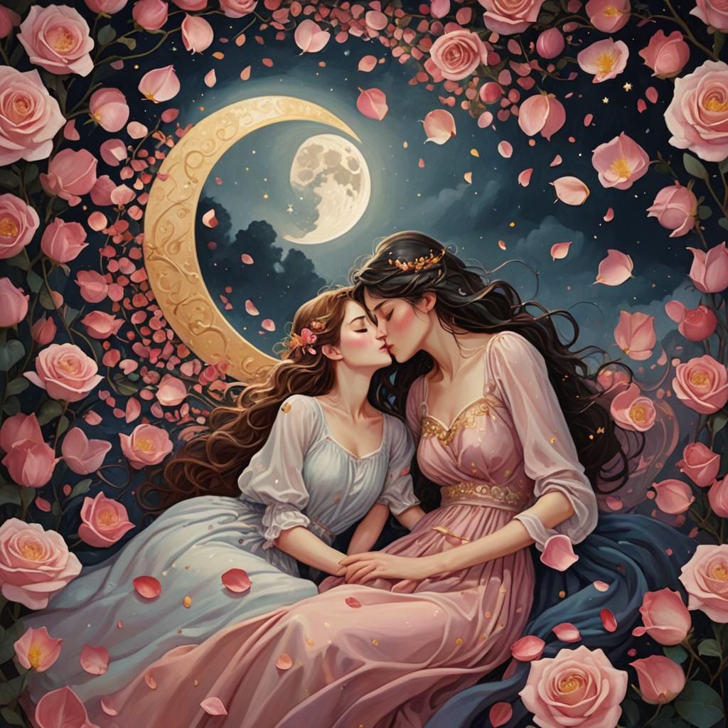 Sapphic Kiss Under Moonlight: Ethereal Night Scene