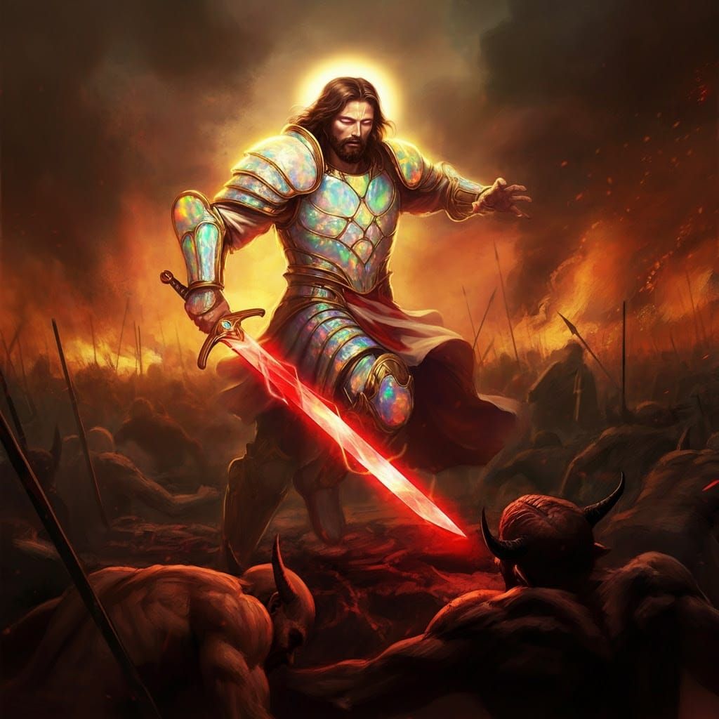 Warrior Jesus in Opal Armor Wields Celestial Sword