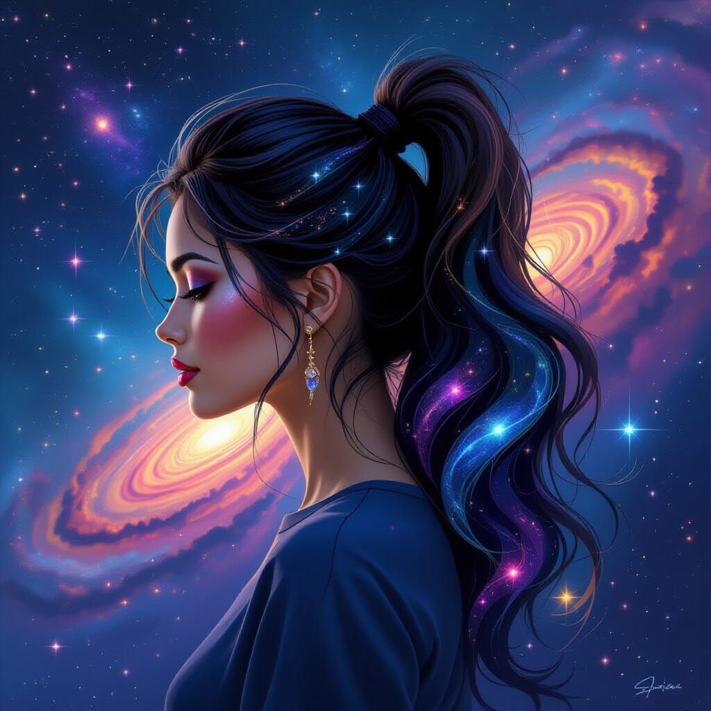 Woman with Galaxy Hair and Cosmic Ponytail