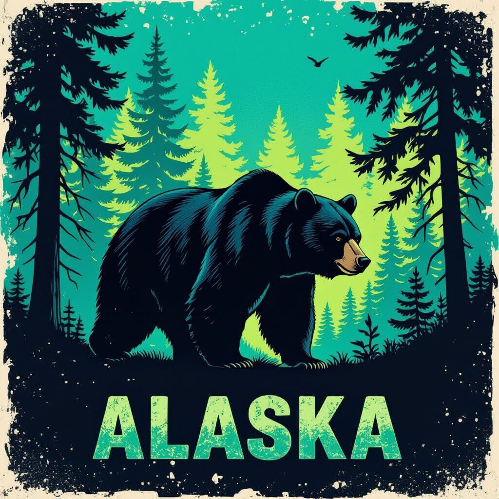 Grunge Black Bear Silhouette in Ancient Forest T-Shirt Desig...