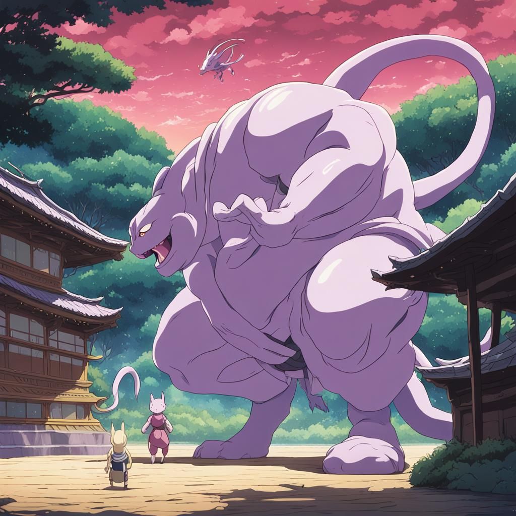 Majin Buu vs Mewtwo in Studio Ghibli Style