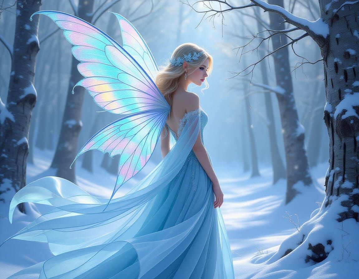 Ethereal Fairy in Winter Forest, Digital Painting