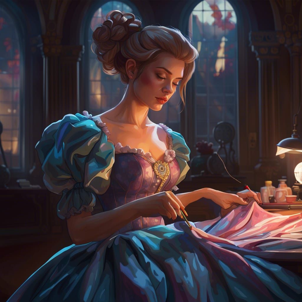 Young Woman Sewing Gown: Hyperdetailed Digital Art