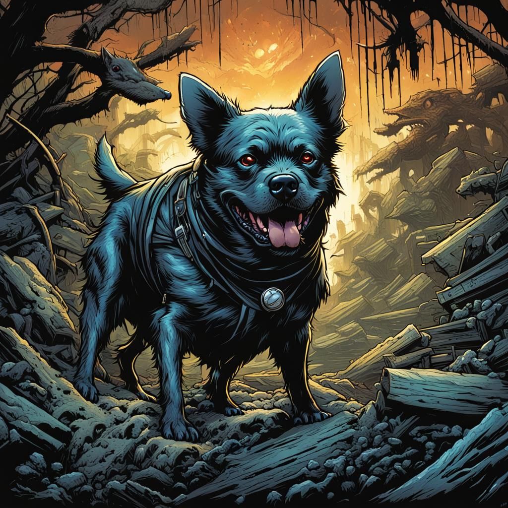 Parasitic Dog in Comic Book Art Style