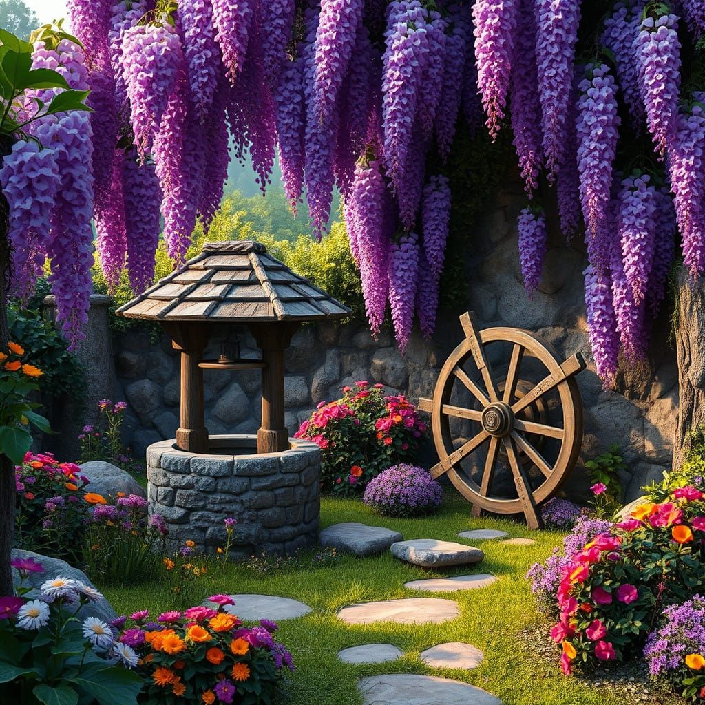 Whimsical Garden with Ancient Wishing Well and Vibrant Wiste...