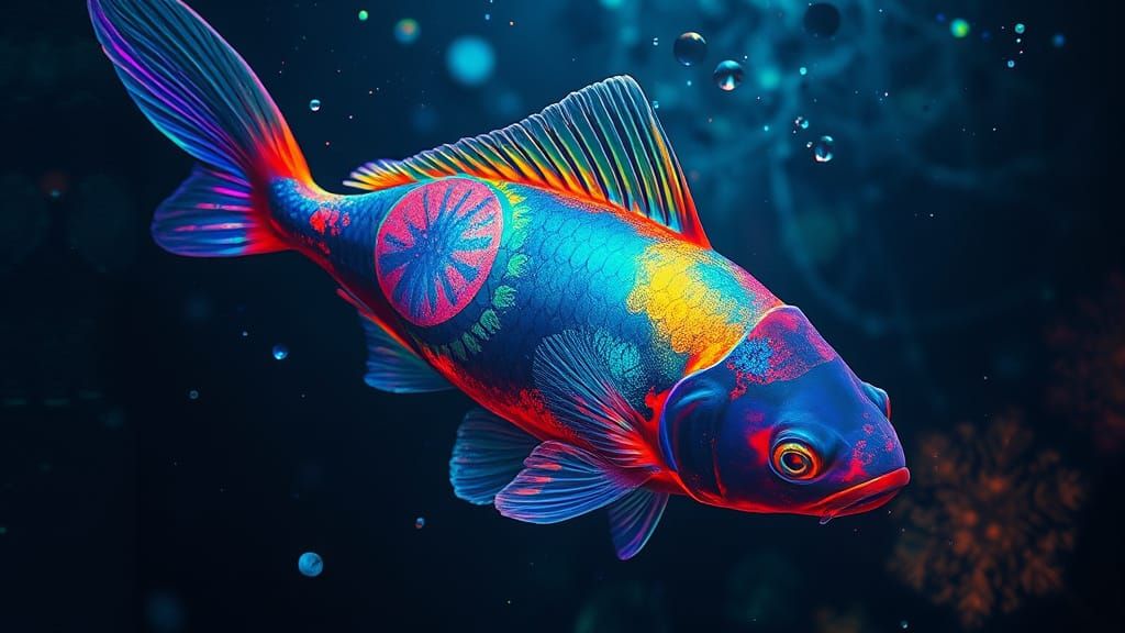 Surreal Biopunk KOI Fish Underwater Scene in Iridescent Colo...