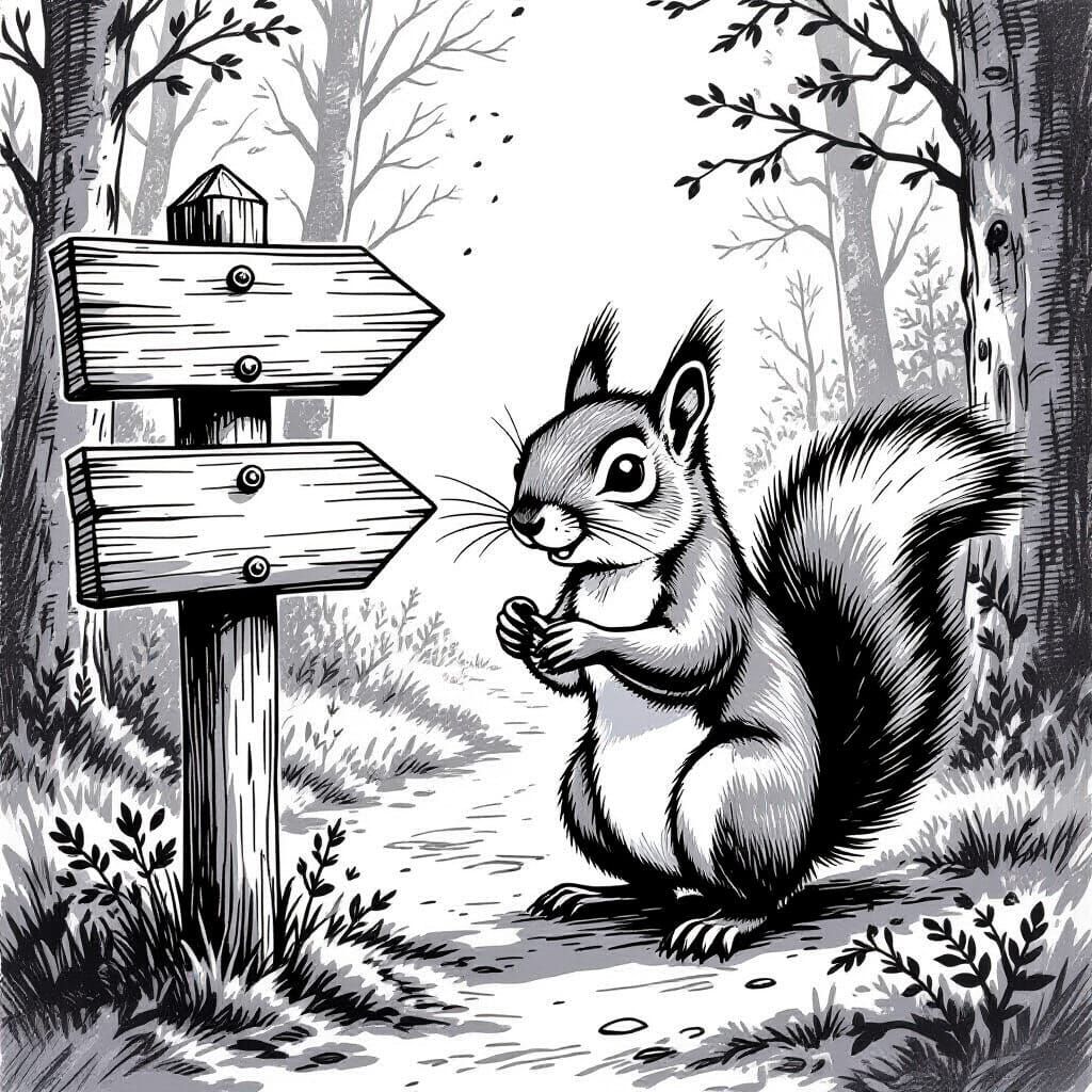Mischievous Squirrel Swapping Signposts in Black Ink Style