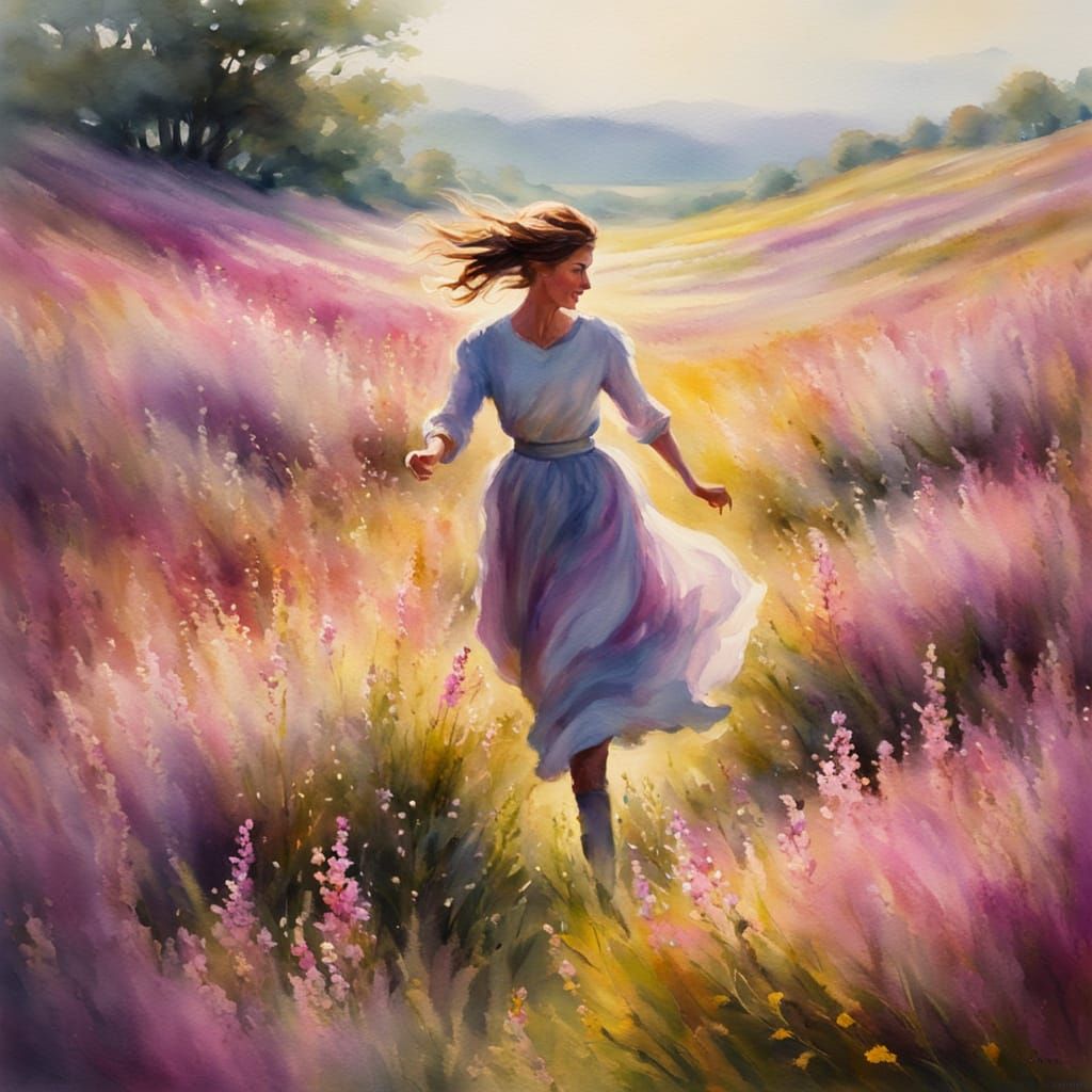 Impressionist Watercolour Painting of Lady in Heather