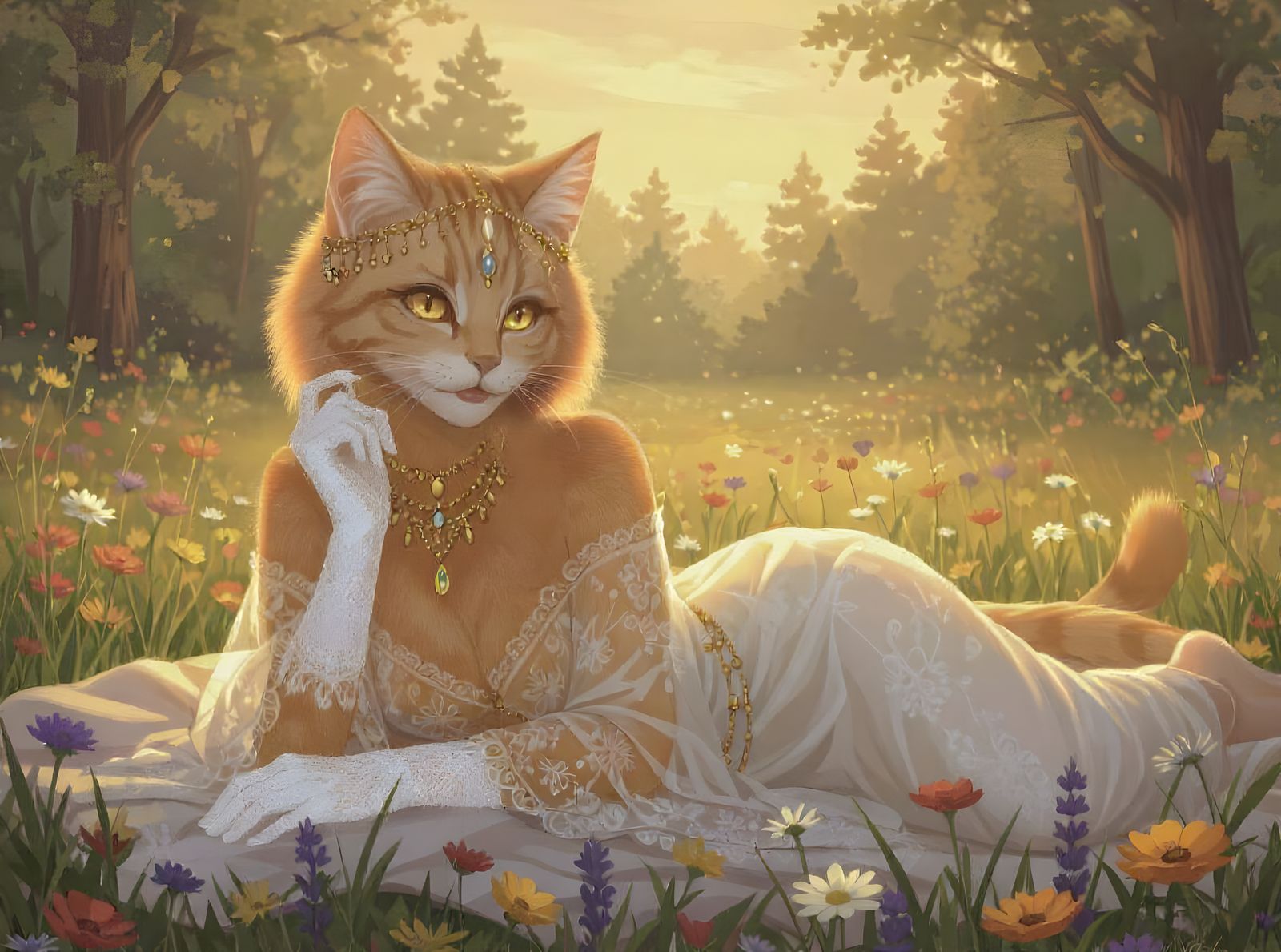 Ethereal Golden Tabby Anthro in Floral Field