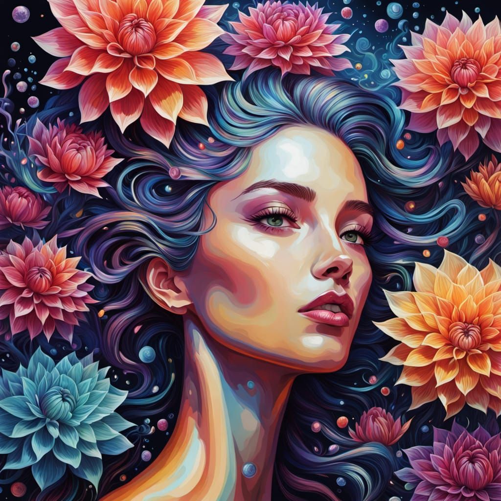Cosmic Woman in Dahlia Shower Illustration