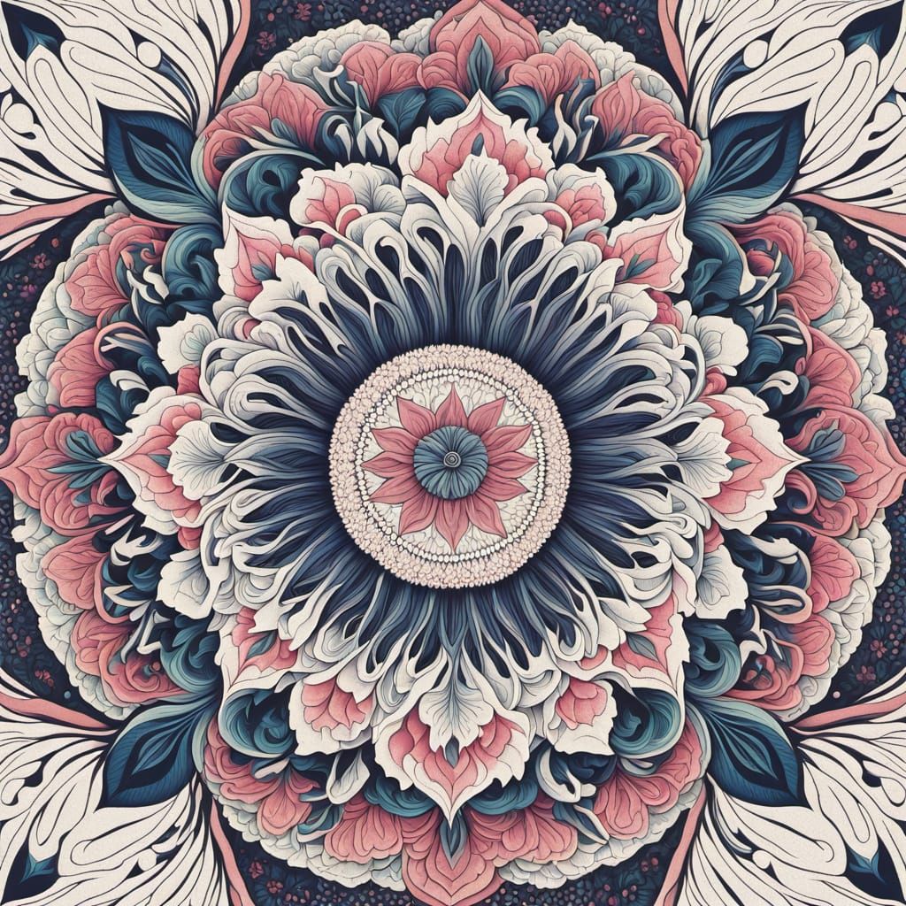 Vibrant Floral Mandala with Hidden Axolotl in Salvador Dali-...