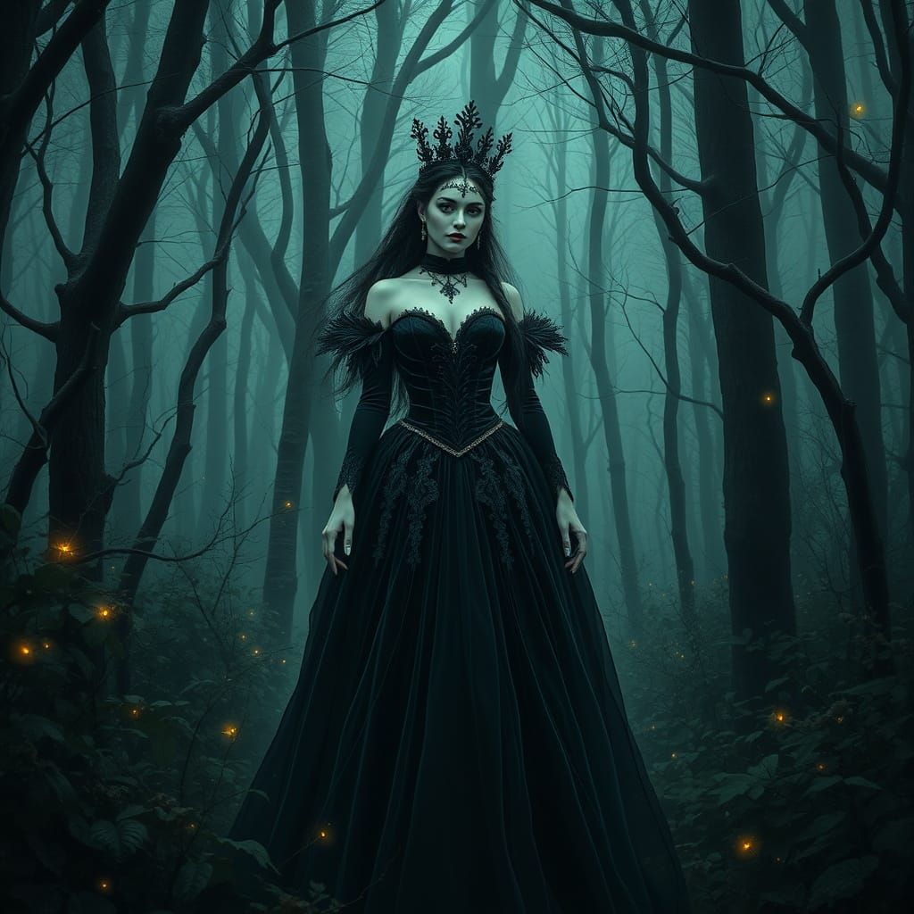 Gothic Princess in Dark Velvet Gown, Trapped in Twinkling Wo...