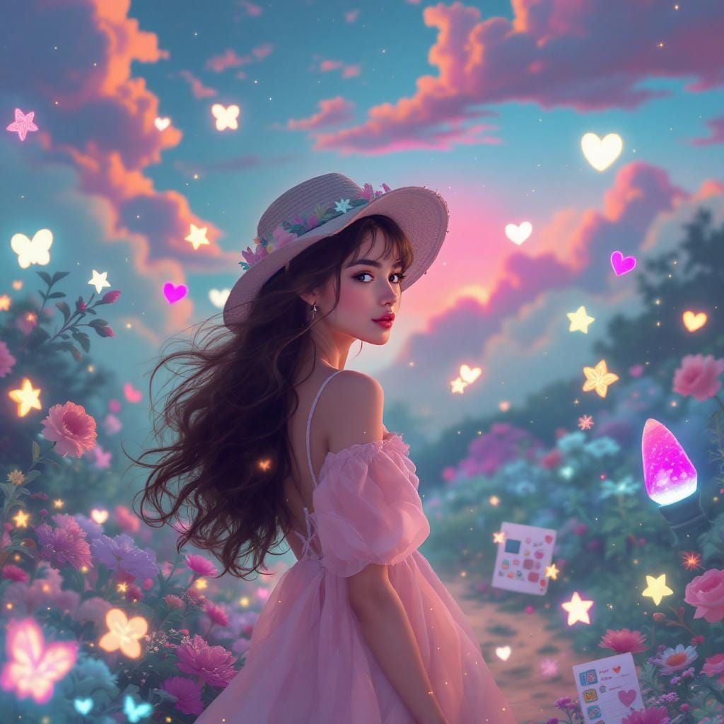 Nostalgic Pastel Garden with Woman, Digital Painting Style