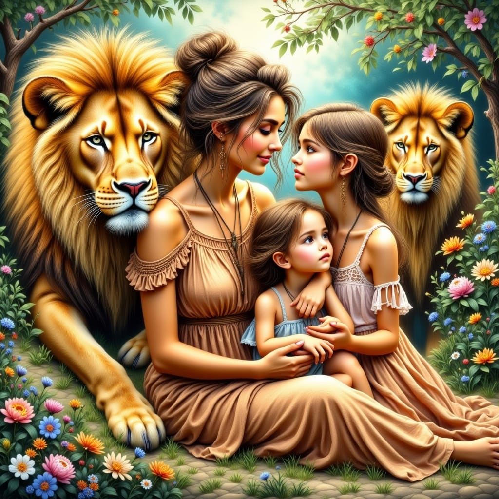 Gentle Mother Embracing Children in a Vibrant Jungle