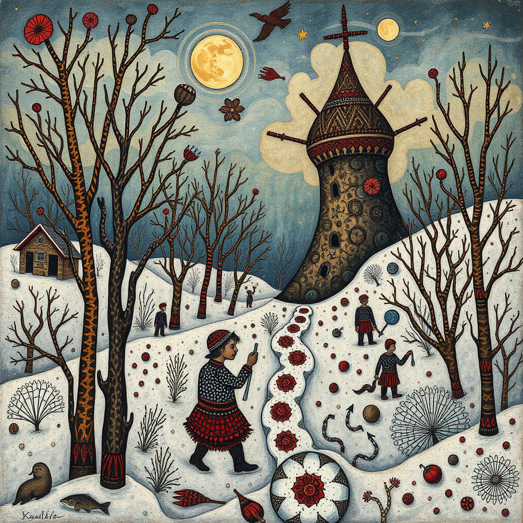 Surreal Winter Scene in Maximalist Folk Art Style