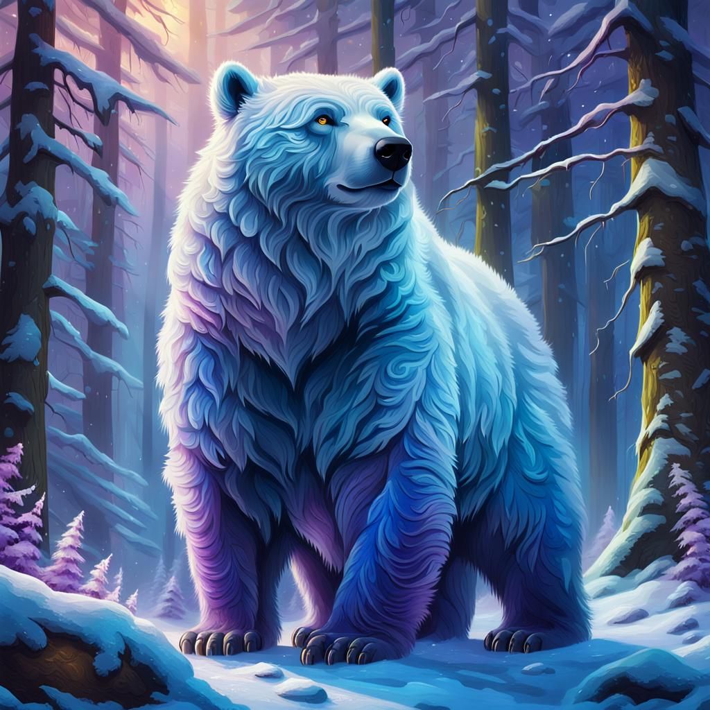 Mystical Snow Bear in Icy Forest, Art Nouveau Style