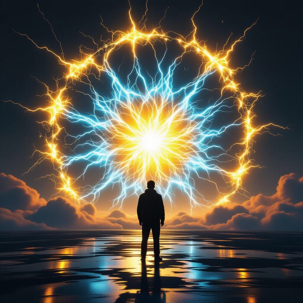 Lone Figure Facing Glowing Horizon: Symbolizing Transformati...