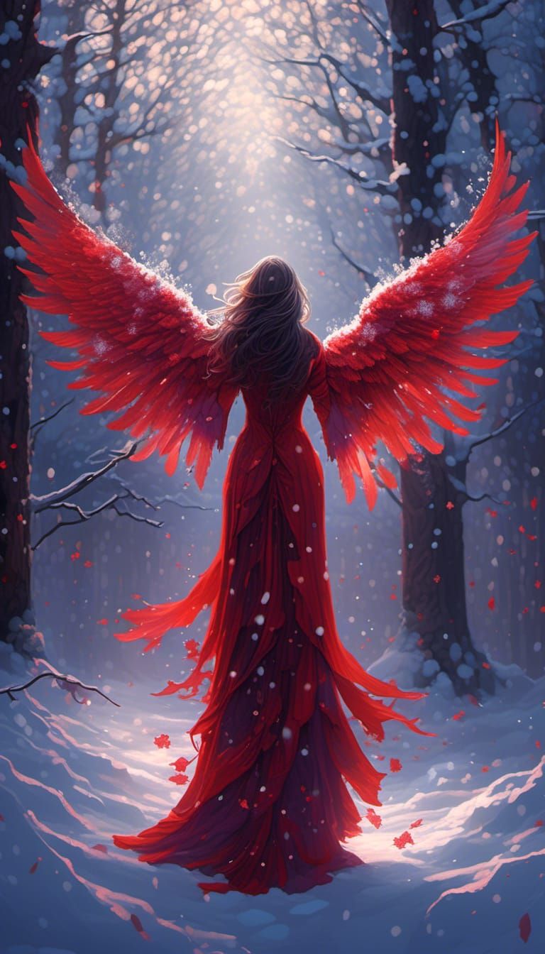 Hyperreal Crimson Angel in Winter Woods