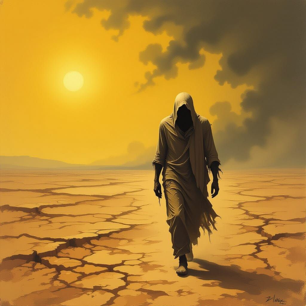 Desolate Figure in Yellow Sky, Painterly Style