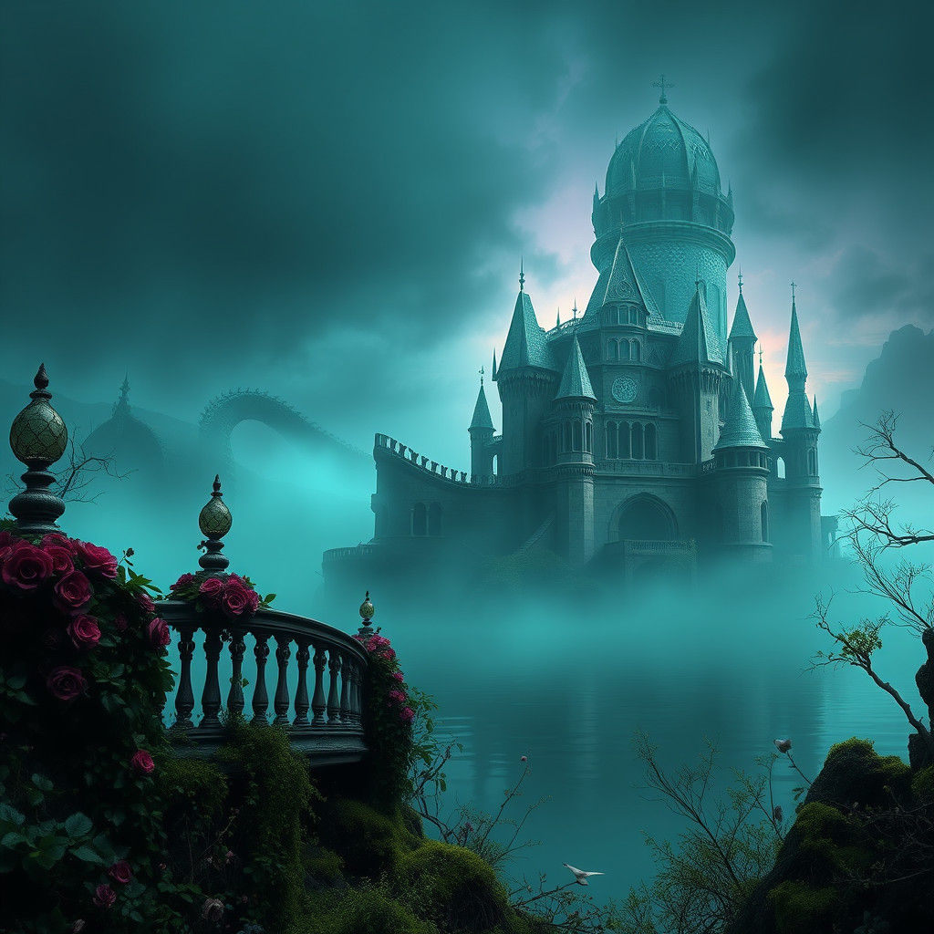 Mystical Castle Ruins with Monster in Dark Fantasy Style