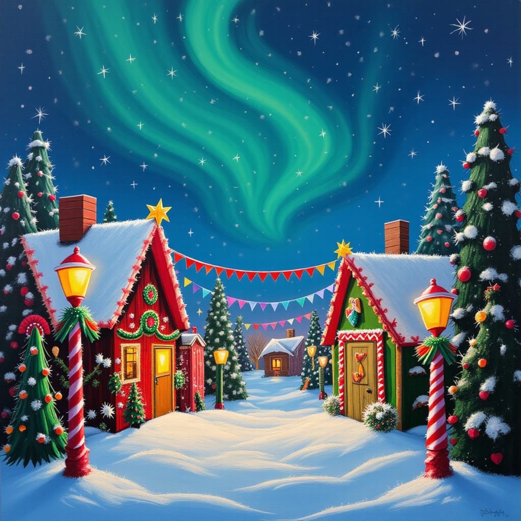 Whimsical North Pole Christmas Village with Aurora Borealis