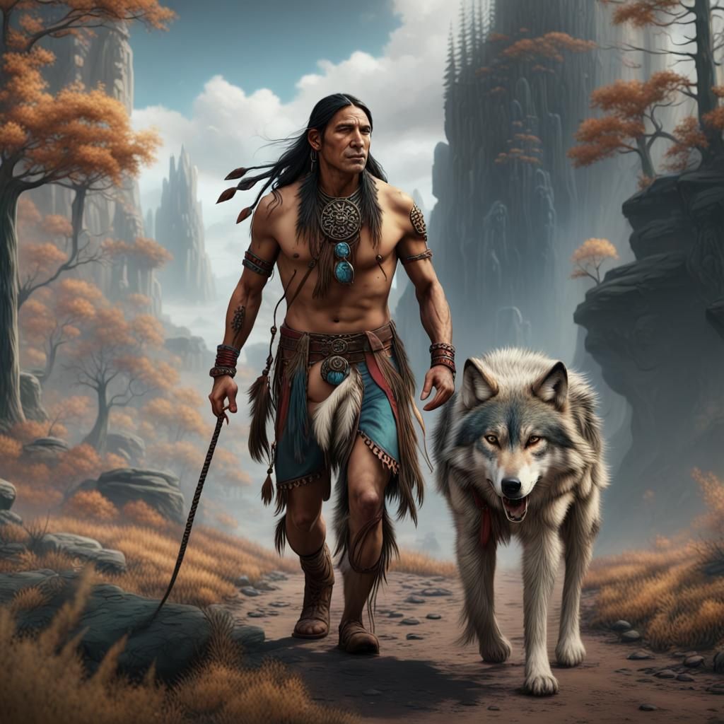 Native American Man Walking with Wolf