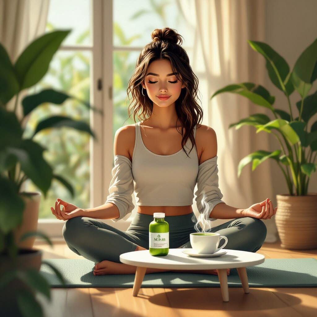 Serene Woman Meditating with Matcha Tea