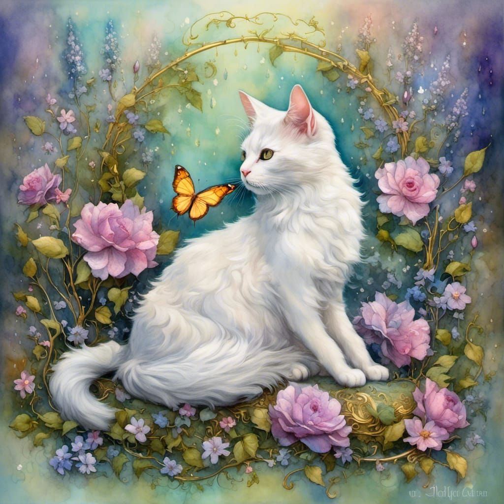 Cute Cat Surrounded by Flowers and Heart Lights