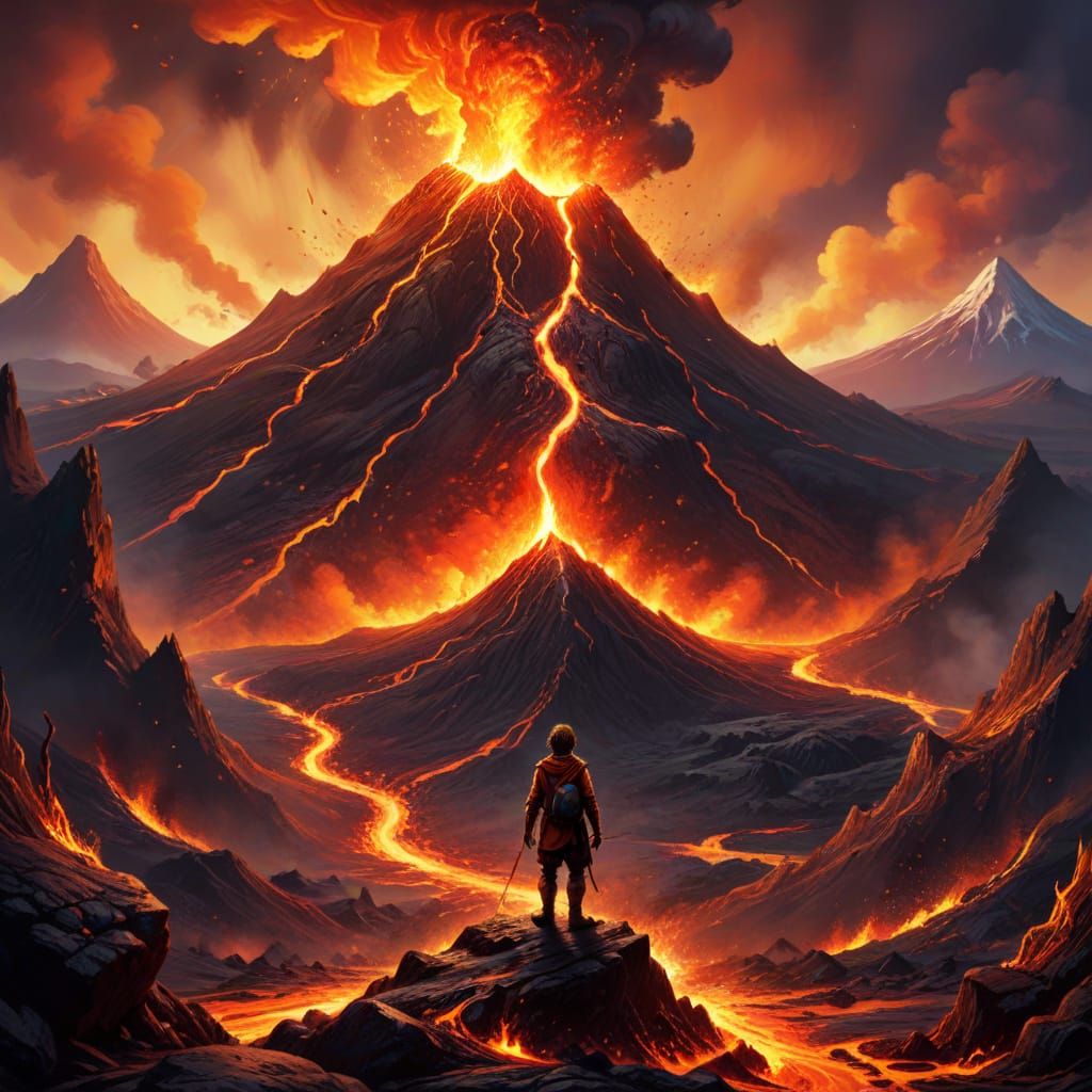 Vibrant Munchkin Near Volcano in Fantasy Illustration
