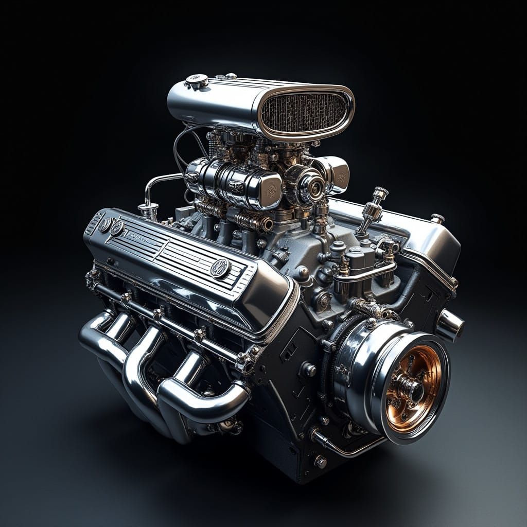 Vintage VW Beetle Engine in Industrial Chrome Accents