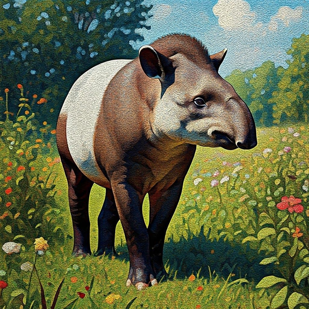 Pointillist Tapir in Serene Summer Landscape