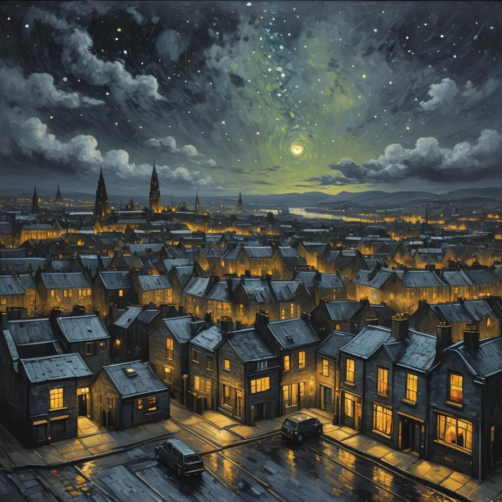Grey Starry Night Over Gorbals, Van Gogh Style
