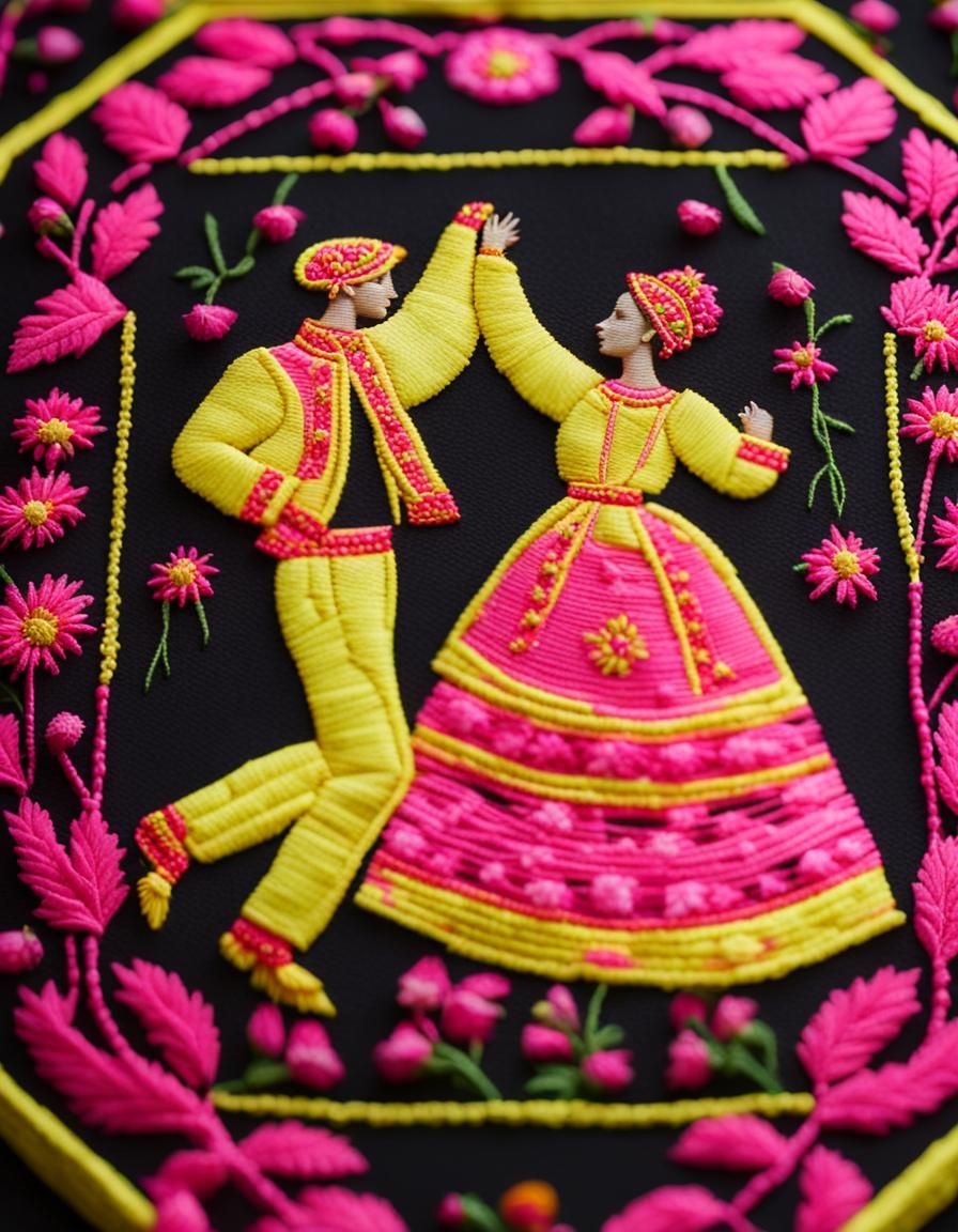 Neon Embroidery: Dancing Couple in Eastern European Style