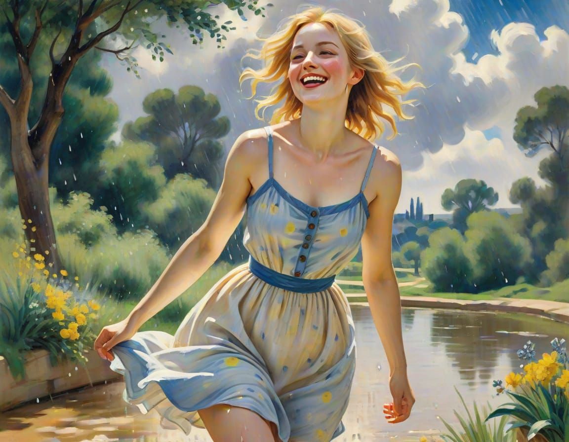 Vibrant Watercolor Portrait of a Carefree Young Woman Steppi...