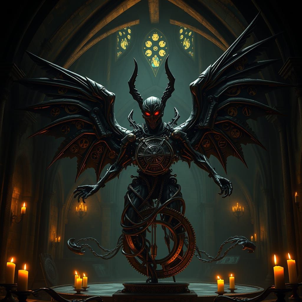 Gothic Clockwork Angel Performs Dark Ritual in Ancient Chamb...