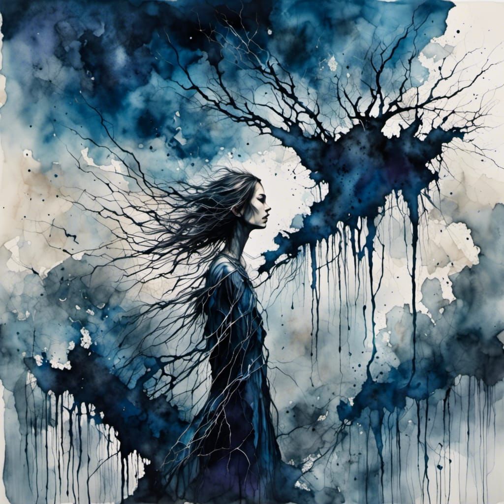 <lora:Dark:1.0> female, one step in the ground, broken heart, barbed wire, reaching to the sky, stormy clouds, shades of...