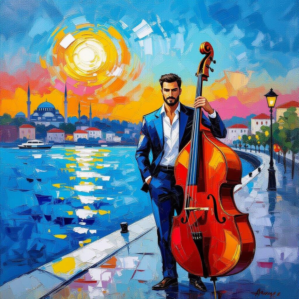 Musician on Bosphorus Promenade in Impasto Style