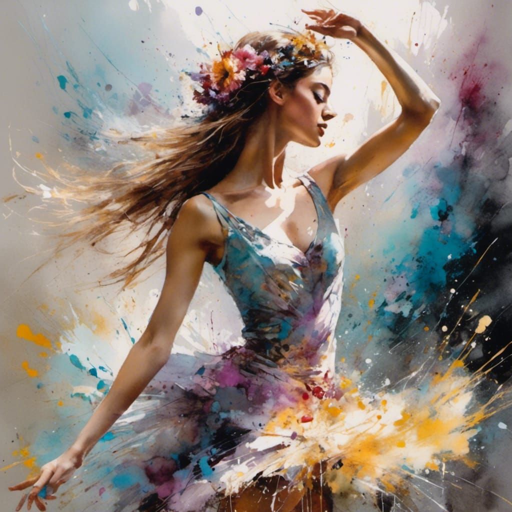Girl Dancing in Flower Valley, Watercolor Splash Art