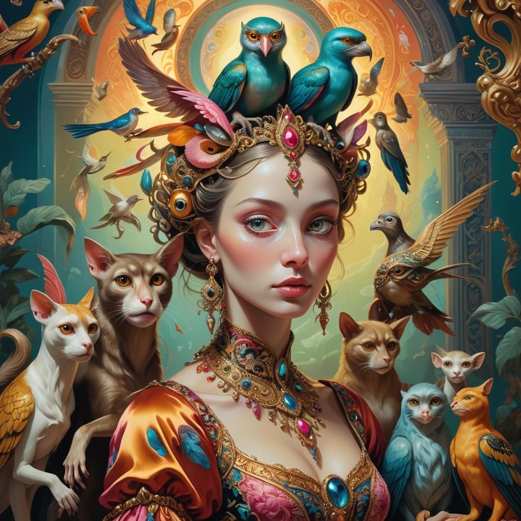 Woman Surrounded by Hybrid Animals in Surrealist Style
