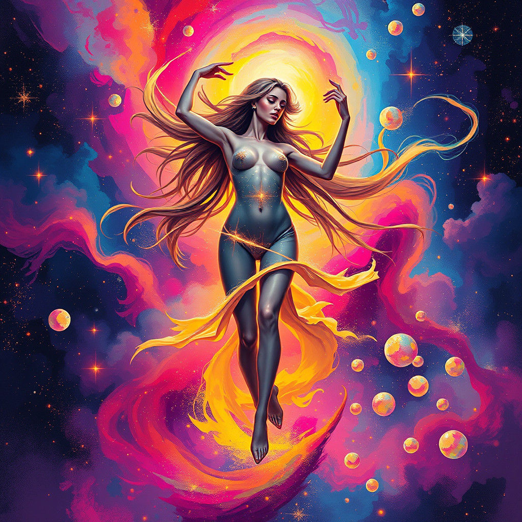 Ethereal Woman Dancing in Vibrant Galaxy, Polychromatic Stre...