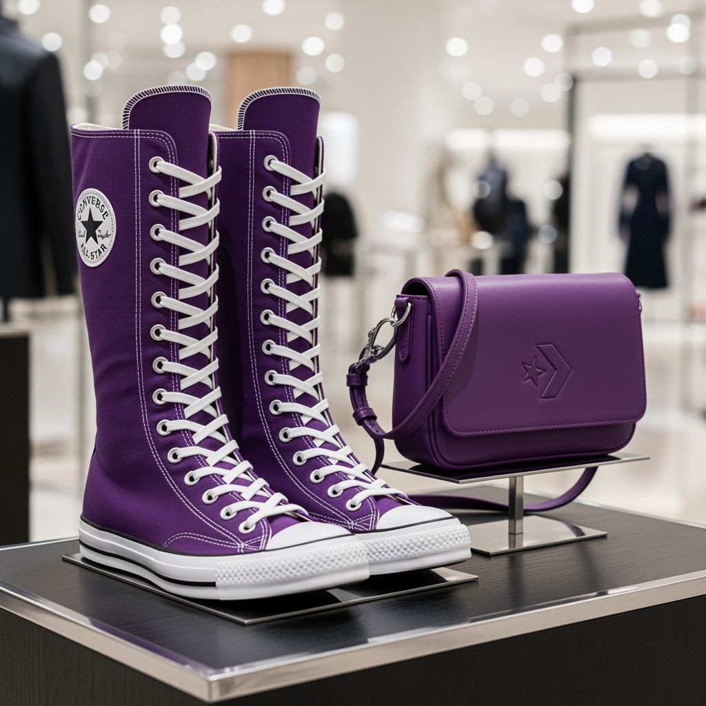 Purple Converse Boots and Purse on Display Stand