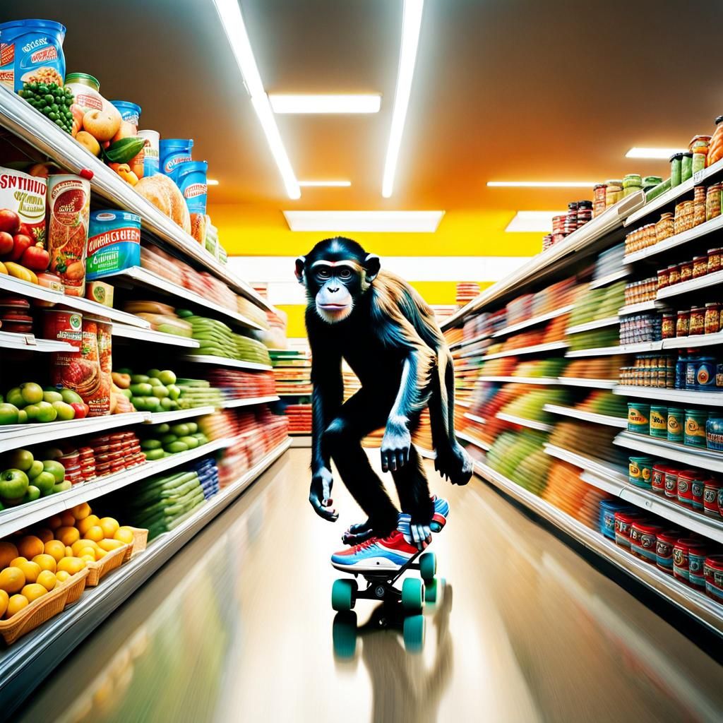 Monkey's Supermarket Skateboarding Adventure: Hyperrealistic...
