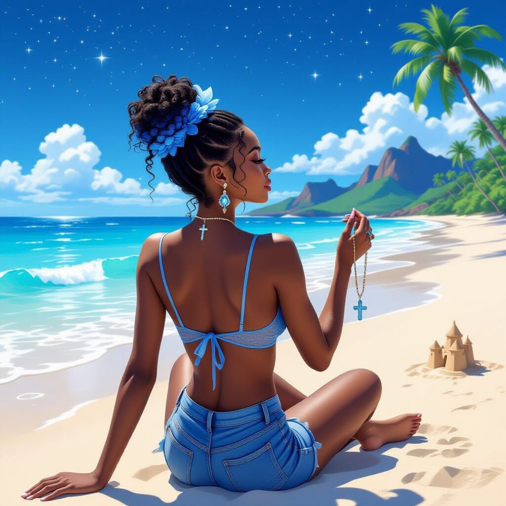 Regal Woman Admires Stars on Tropical Beach