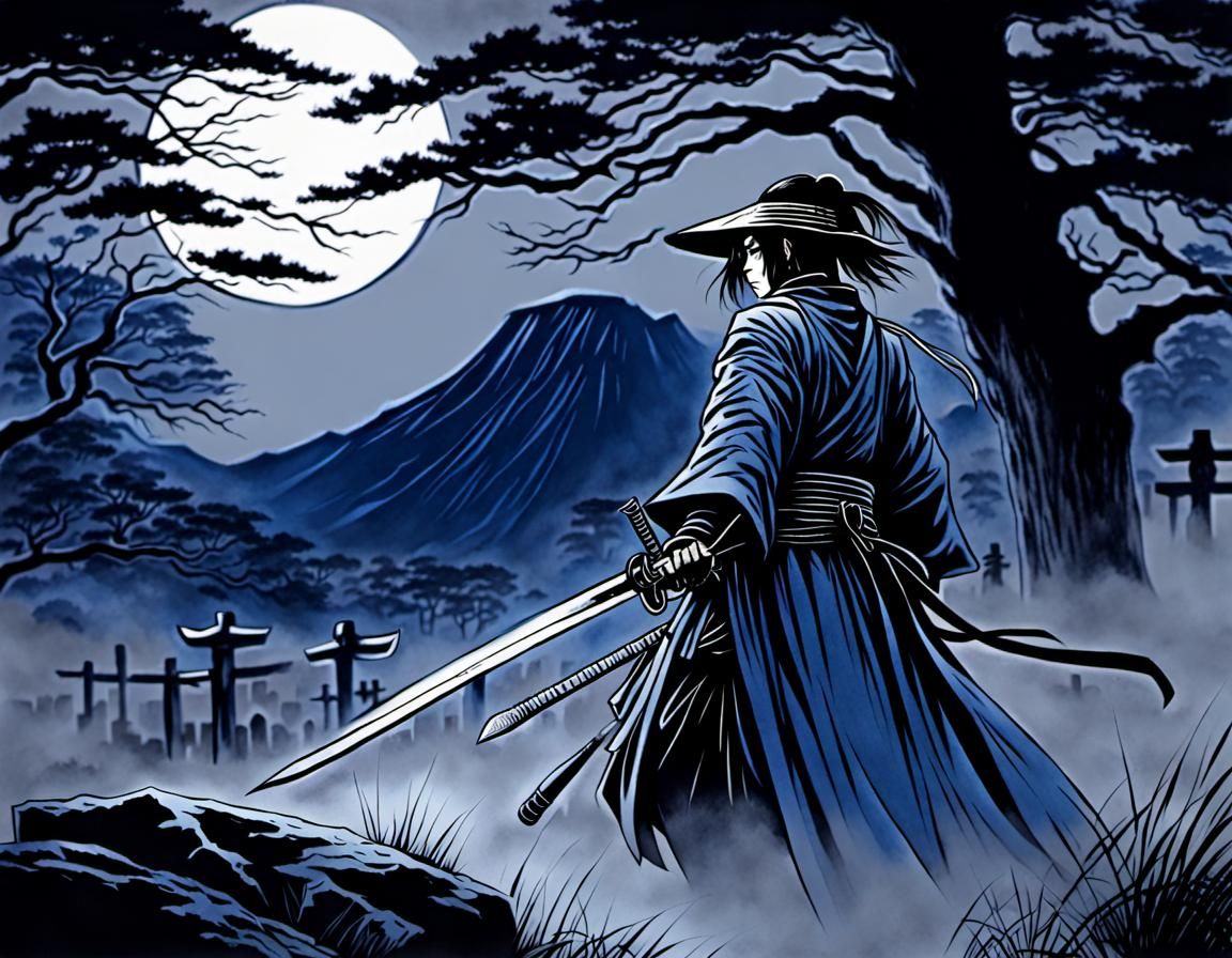 Samurai Kenshin Himura in Misty Graveyard