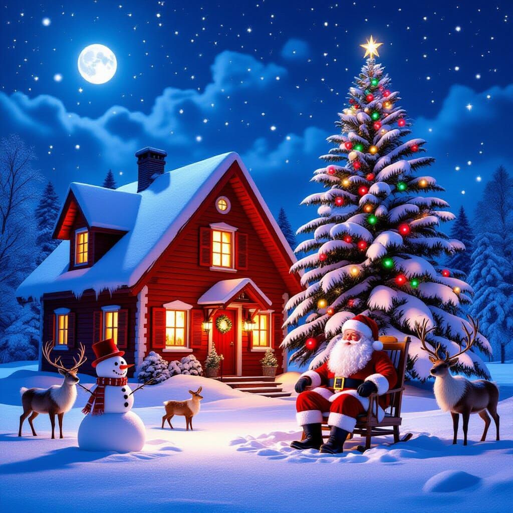 Santa's Magical Winter Home Under Moonlight