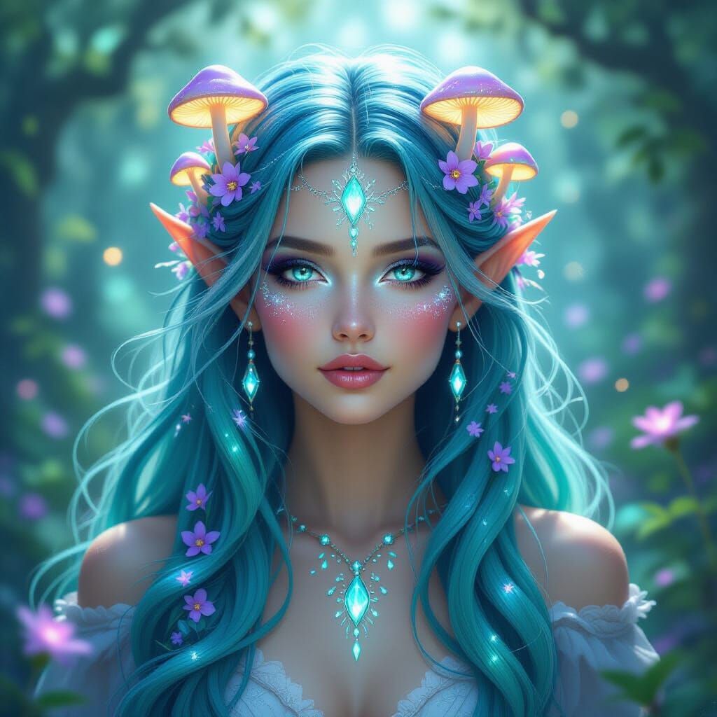 Ethereal Forest Goddess With Glowing Mushrooms and Gems
