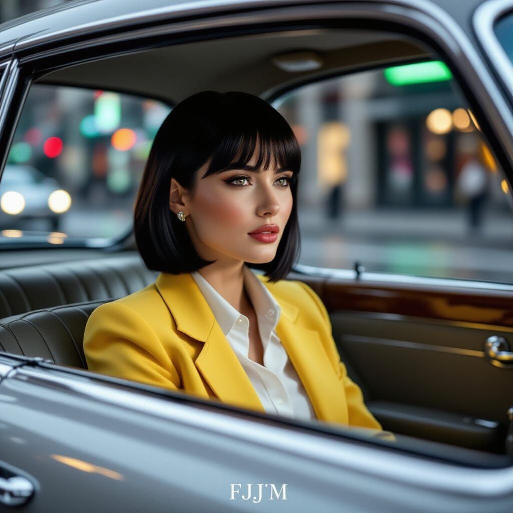 Cinematic Photo: Woman in Classic Mercedes Reflects City Lig...