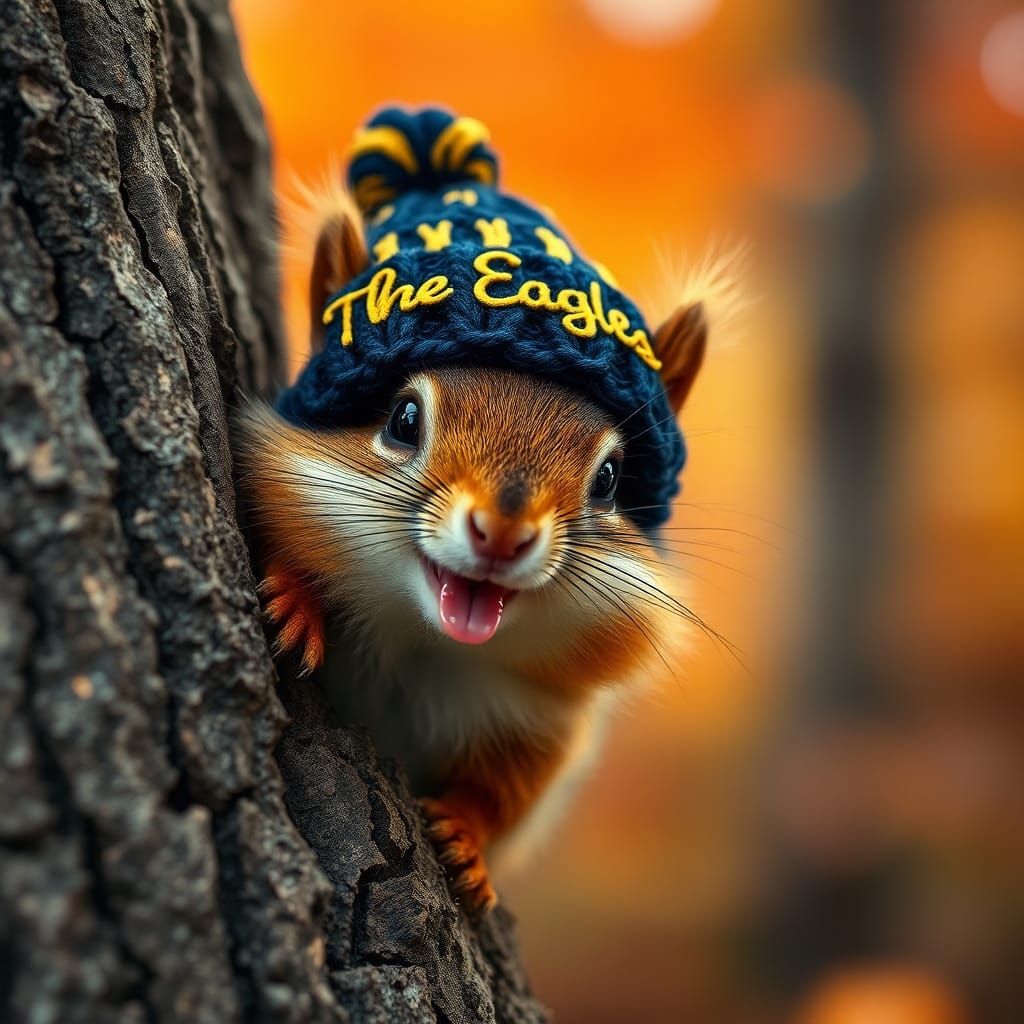 Squirrel in Knitted Hat in Autumn Forest